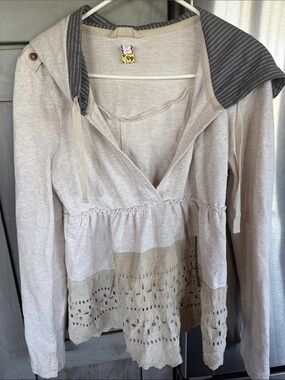 Free People Cream Layered Lace-Trim Hooded Top size m